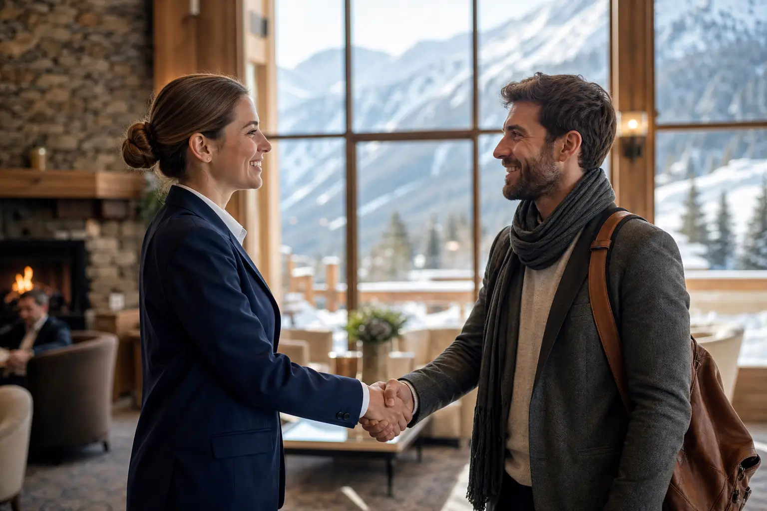 Apretón de manos en recepción de hotel alpino tras cerrar una contratación de temporada
